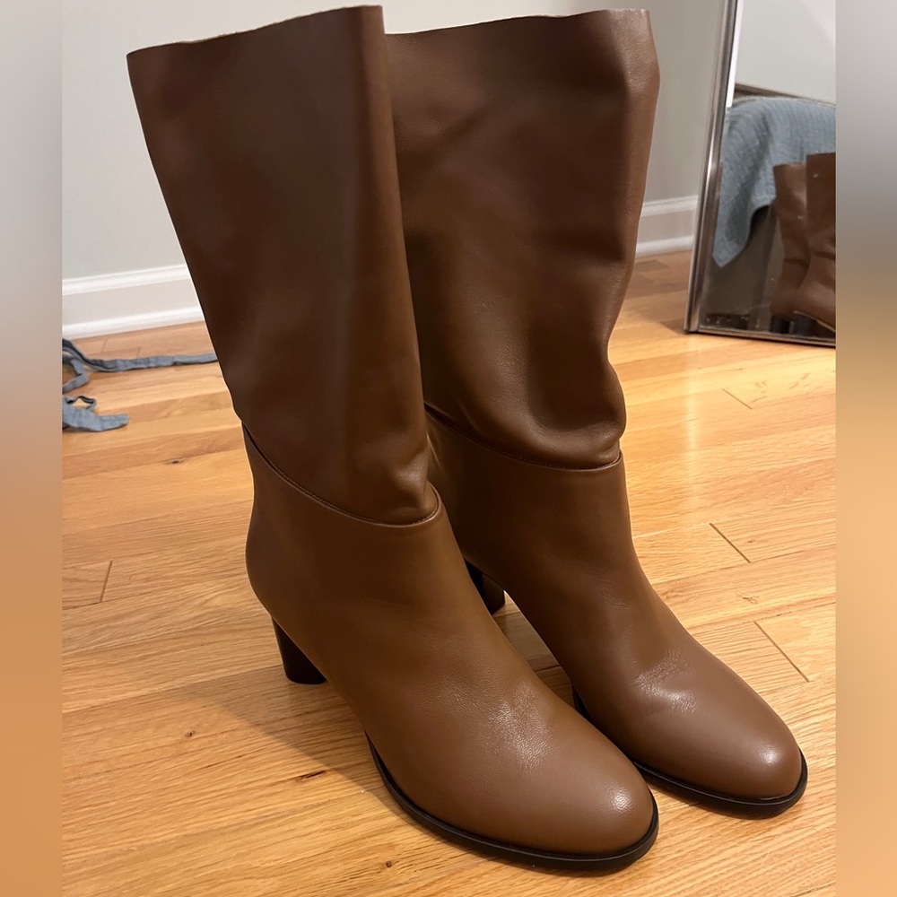 Tamara Mellon mid calf brown leather boot